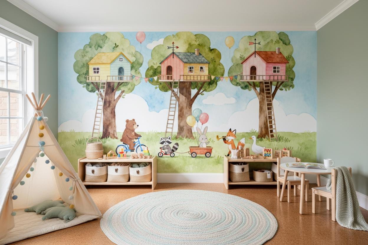 Woodland Animals Treehouse Watercolor Wallpaper – lifestyle view, Golden Era Walls