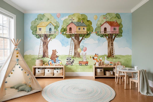 Woodland Animals Treehouse Watercolor Wallpaper – lifestyle view, Golden Era Walls