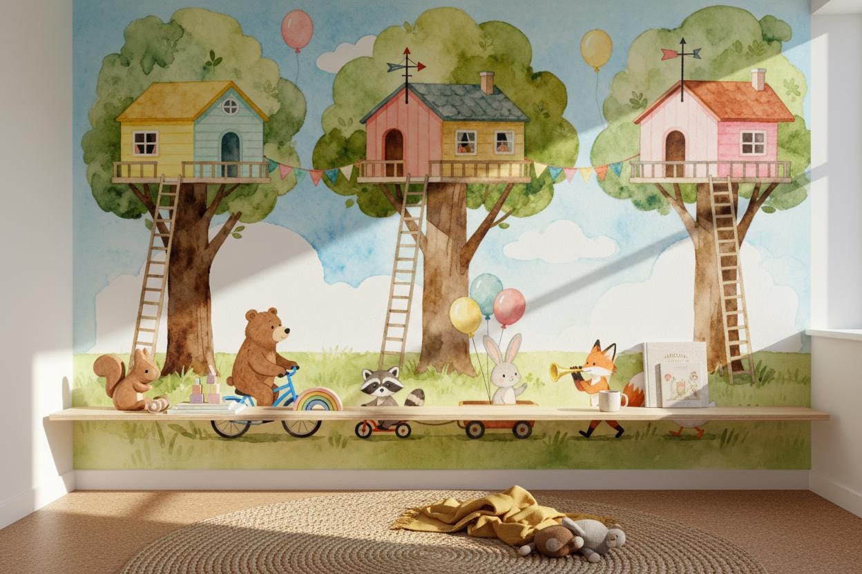 Woodland Animals Treehouse Watercolor Wallpaper – peel and stick wallpaper mural, Golden Era Walls
