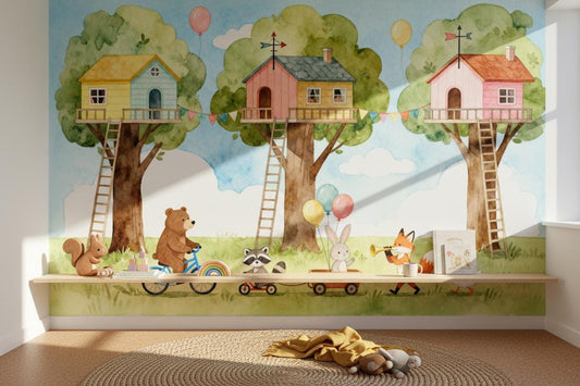 Woodland Animals Treehouse Watercolor Wallpaper – peel and stick wallpaper mural, Golden Era Walls