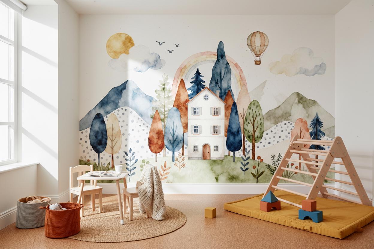 Whimsical Watercolor Forest Pastel Wallpaper – peel and stick wallpaper mural, Golden Era Walls