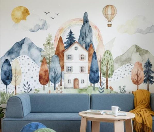 Whimsical Watercolor Forest Pastel Wallpaper – room setting, Golden Era Walls