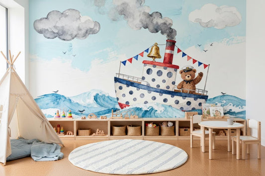 Whimsical Nautical Bear Boat Coastal Wallpaper – peel and stick wallpaper mural, Golden Era Walls