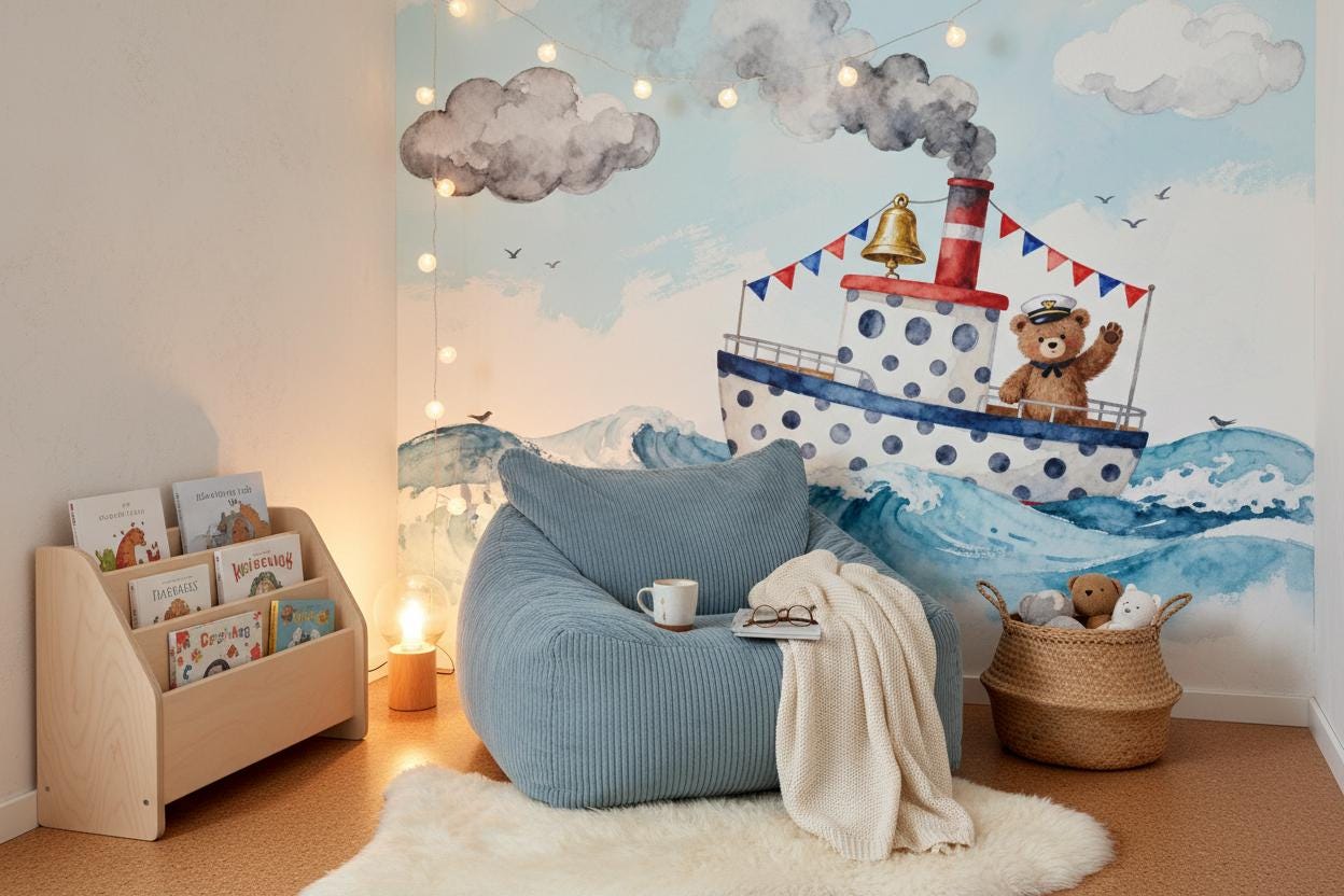 Whimsical Nautical Bear Boat Coastal Wallpaper – alternate view, Golden Era Walls
