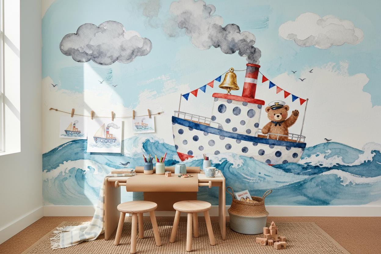 Whimsical Nautical Bear Boat Coastal Wallpaper – room setting, Golden Era Walls