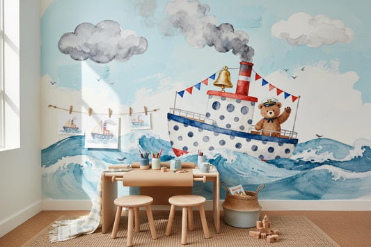 Whimsical Nautical Bear Boat Coastal Wallpaper – room setting, Golden Era Walls