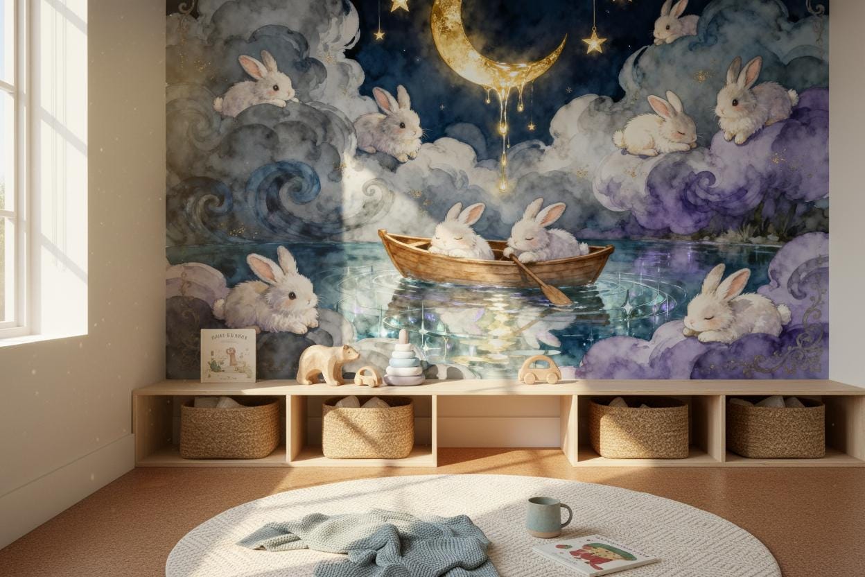 Whimsical Moon Bunny Celestial Wallpaper – lifestyle view, Golden Era Walls