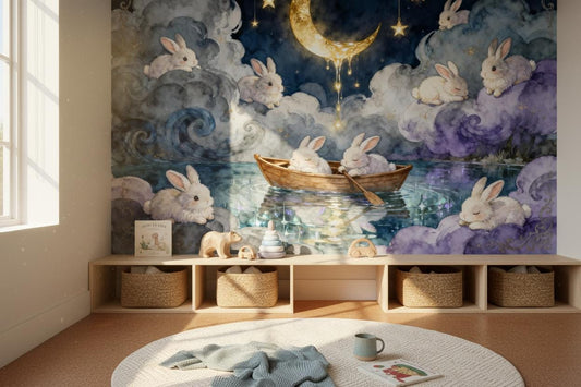 Whimsical Moon Bunny Celestial Wallpaper – lifestyle view, Golden Era Walls