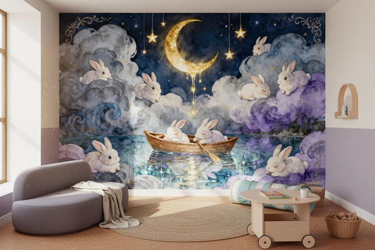 Whimsical Moon Bunny Celestial Wallpaper – detail view, Golden Era Walls