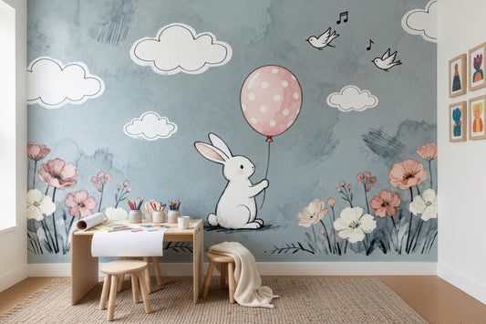 Bunny Grey Pink Watercolor Floral Wallpaper – room setting, Golden Era Walls