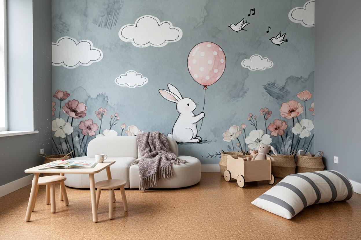 Bunny Grey Pink Watercolor Floral Wallpaper – peel and stick wallpaper mural, Golden Era Walls