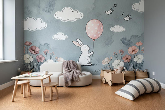 Bunny Grey Pink Watercolor Floral Wallpaper – peel and stick wallpaper mural, Golden Era Walls