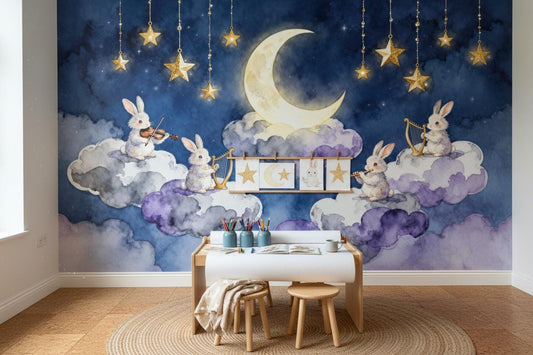 Dreamy Bunny Celestial Moon Wallpaper – detail view, Golden Era Walls