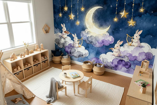 Dreamy Bunny Celestial Moon Wallpaper – lifestyle view, Golden Era Walls