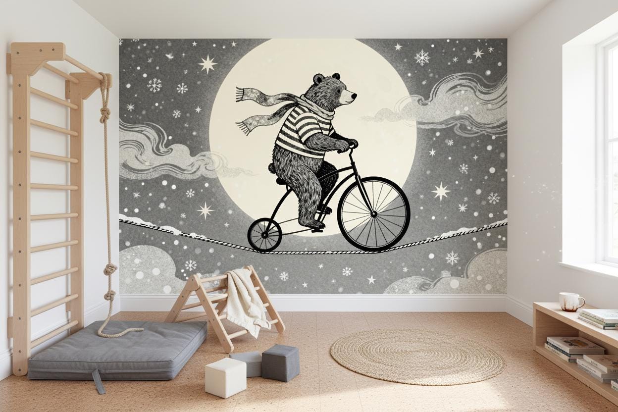 Enchanting Bear Unicycle Dreamy Wallpaper – scale reference, Golden Era Walls