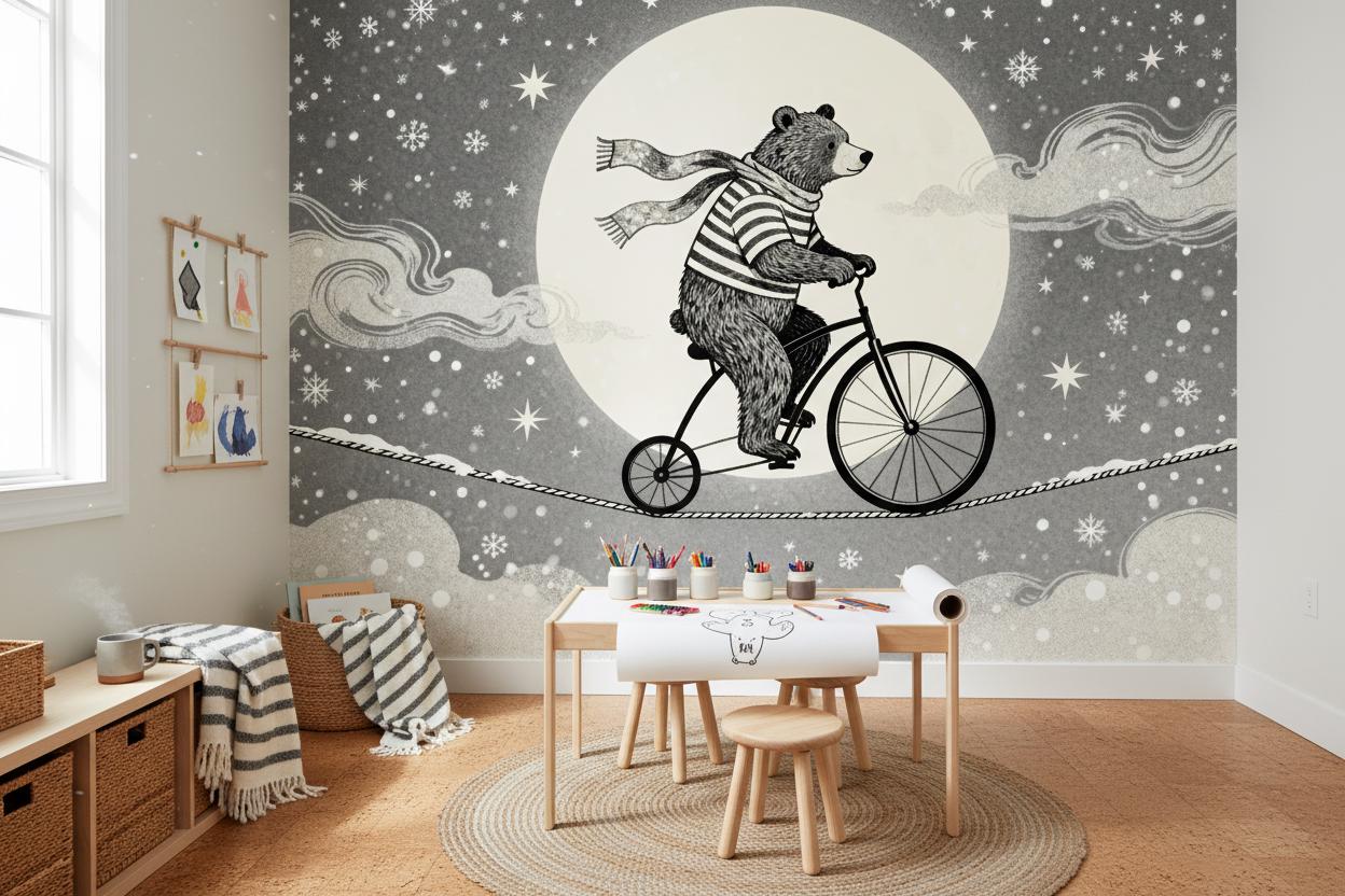 Enchanting Bear Unicycle Dreamy Wallpaper – room setting, Golden Era Walls