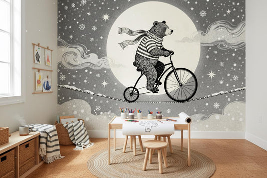 Enchanting Bear Unicycle Dreamy Wallpaper – room setting, Golden Era Walls