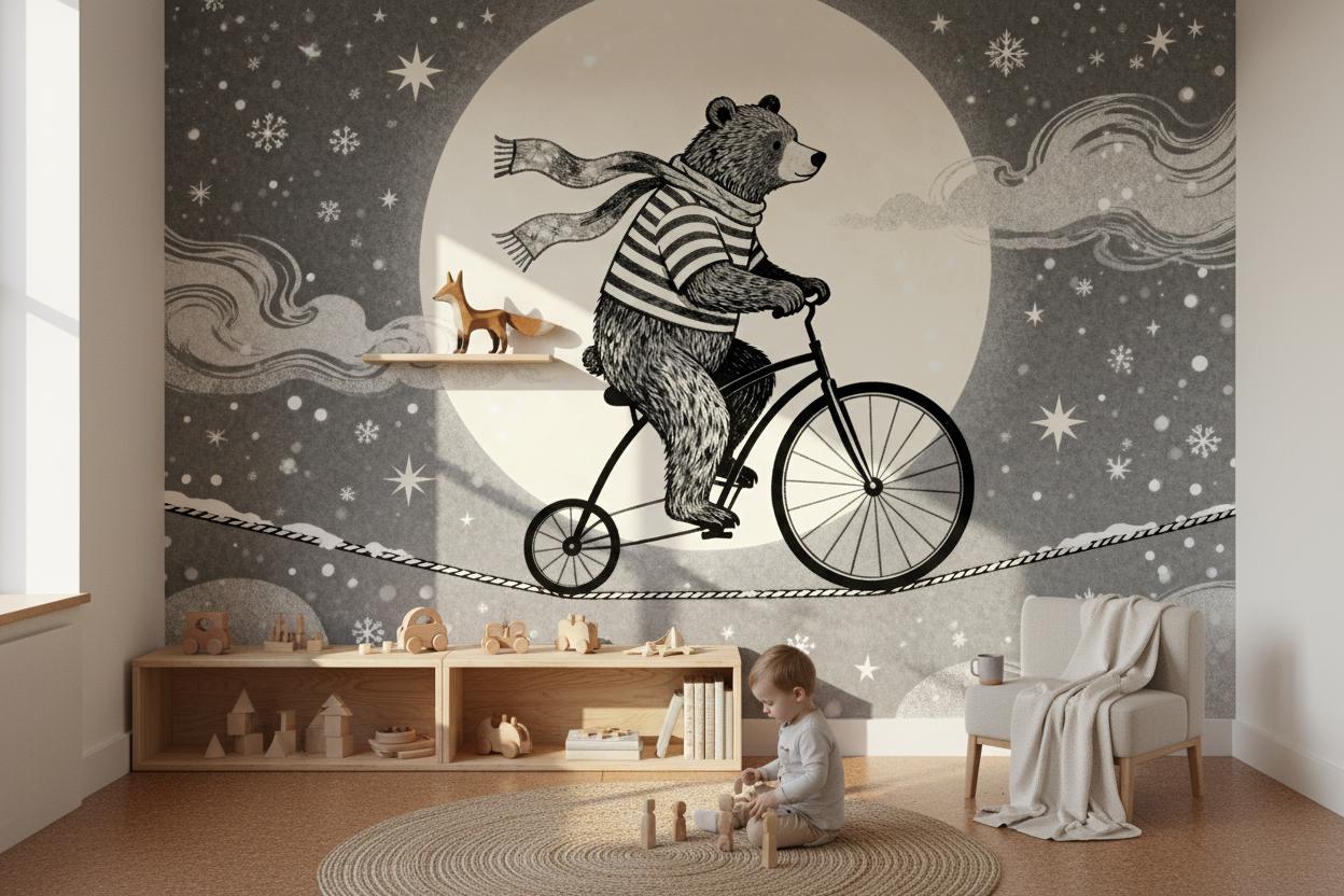 Enchanting Bear Unicycle Dreamy Wallpaper – lifestyle view, Golden Era Walls