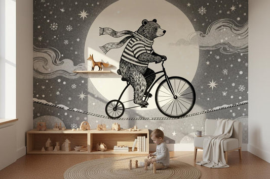 Enchanting Bear Unicycle Dreamy Wallpaper – lifestyle view, Golden Era Walls