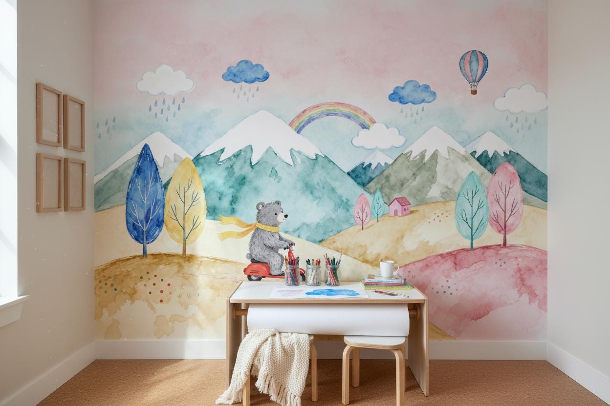 Adorable Bear Riding Scooter Wallpaper – scale reference, Golden Era Walls