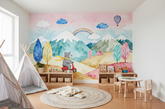 Adorable Bear Riding Scooter Wallpaper – room setting, Golden Era Walls