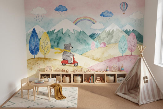 Adorable Bear Riding Scooter Wallpaper – peel and stick wallpaper mural, Golden Era Walls