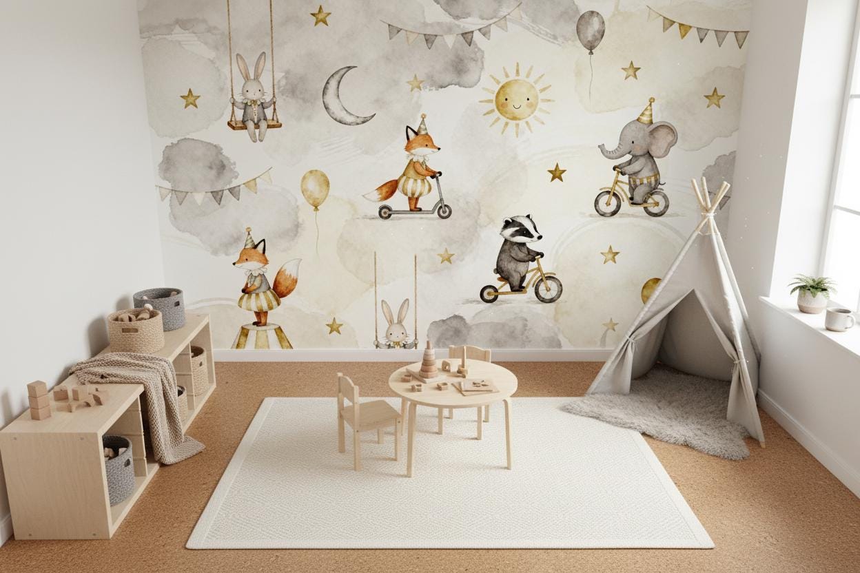 Whimsical Gray Gold Watercolor Wallpaper – alternate view, Golden Era Walls