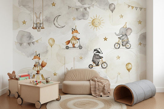 Whimsical Gray Gold Watercolor Wallpaper – room setting, Golden Era Walls