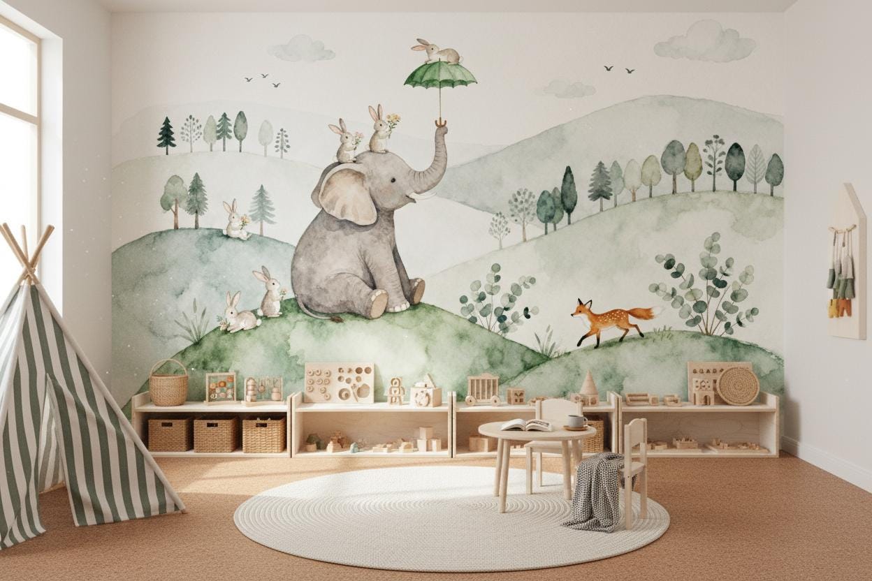 Watercolor Woodland Animals Green Wallpaper – room setting, Golden Era Walls