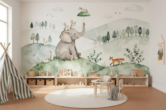 Watercolor Woodland Animals Green Wallpaper – room setting, Golden Era Walls