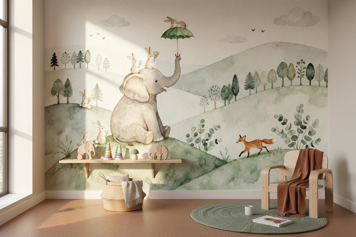 Watercolor Woodland Animals Green Wallpaper – detail view, Golden Era Walls