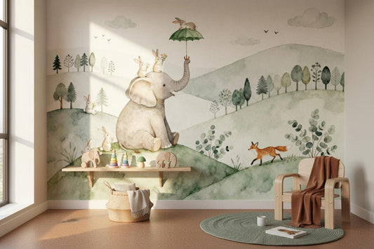 Watercolor Woodland Animals Green Wallpaper – detail view, Golden Era Walls