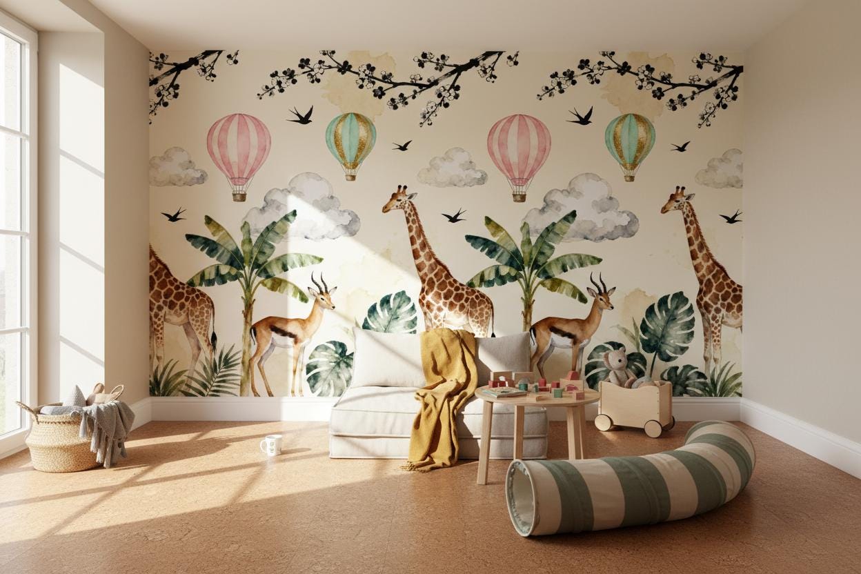 Watercolor Safari Giraffe Hot Tropical Wallpaper – scale reference, Golden Era Walls