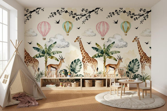 Watercolor Safari Giraffe Hot Tropical Wallpaper – peel and stick wallpaper mural, Golden Era Walls