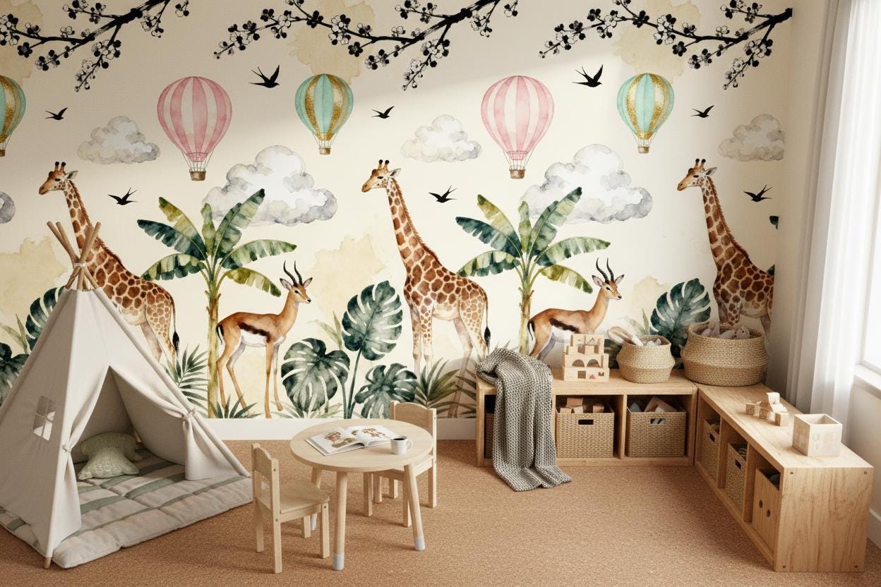 Watercolor Safari Giraffe Hot Tropical Wallpaper – lifestyle view, Golden Era Walls