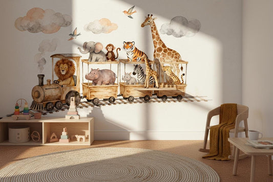 Watercolor Woodland Animals Green Tropical Wallpaper – lifestyle view, Golden Era Walls