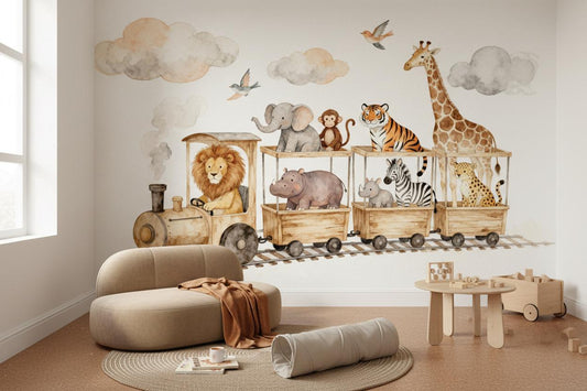 Watercolor Woodland Animals Green Tropical Wallpaper – detail view, Golden Era Walls