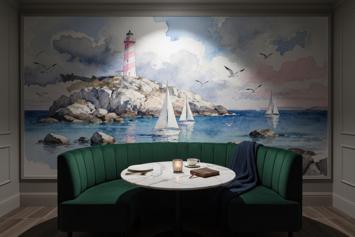 Watercolor Lighthouse Coastal Blue Coastal Wallpaper – scale reference, Golden Era Walls