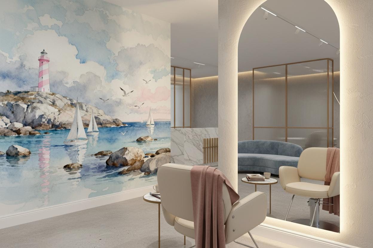 Watercolor Lighthouse Coastal Blue Coastal Wallpaper – lifestyle view, Golden Era Walls