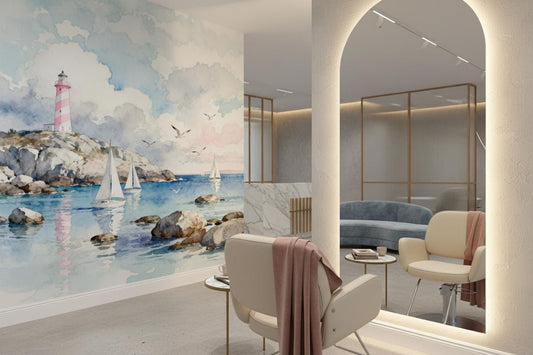 Watercolor Lighthouse Coastal Blue Coastal Wallpaper – lifestyle view, Golden Era Walls
