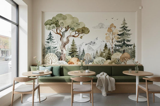 Watercolor Forest Green Mountain Wallpaper – room setting, Golden Era Walls