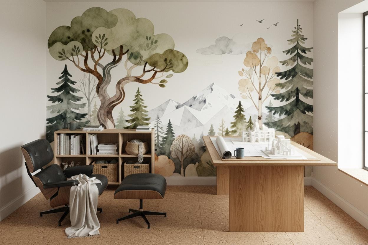 Watercolor Forest Green Mountain Wallpaper – lifestyle view, Golden Era Walls