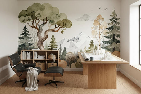 Watercolor Forest Green Mountain Wallpaper – lifestyle view, Golden Era Walls