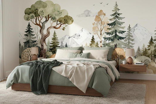 Watercolor Forest Green Mountain Wallpaper – detail view, Golden Era Walls