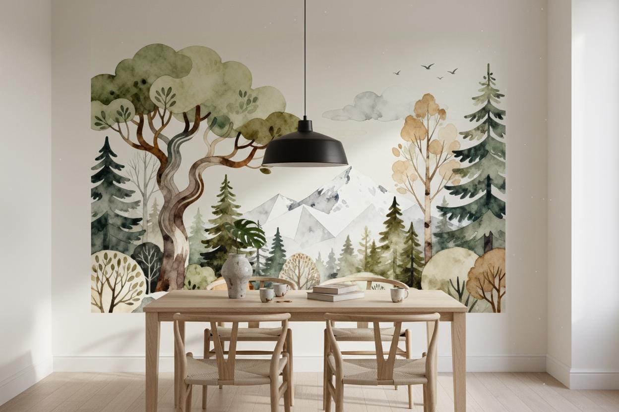 Watercolor Forest Green Mountain Wallpaper – alternate view, Golden Era Walls
