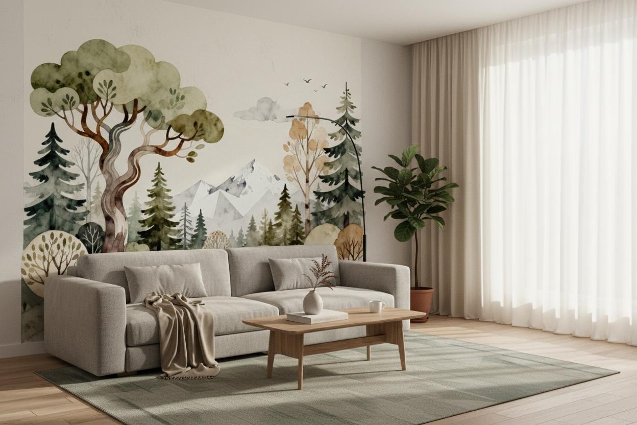 Watercolor Forest Green Mountain Wallpaper – scale reference, Golden Era Walls