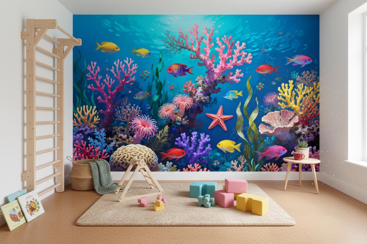Vibrant Underwater Coral Reef Tropical Wallpaper – detail view, Golden Era Walls