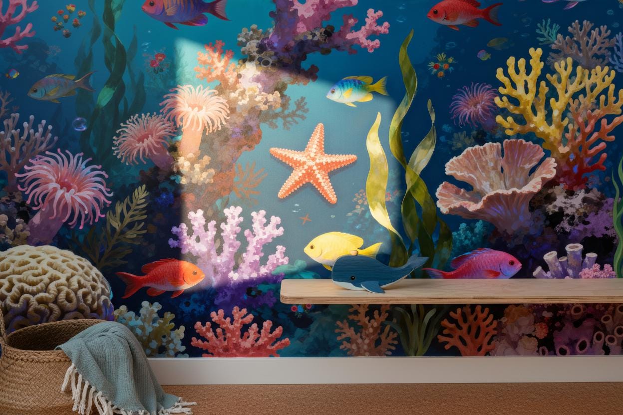 Vibrant Underwater Coral Reef Tropical Wallpaper – room setting, Golden Era Walls