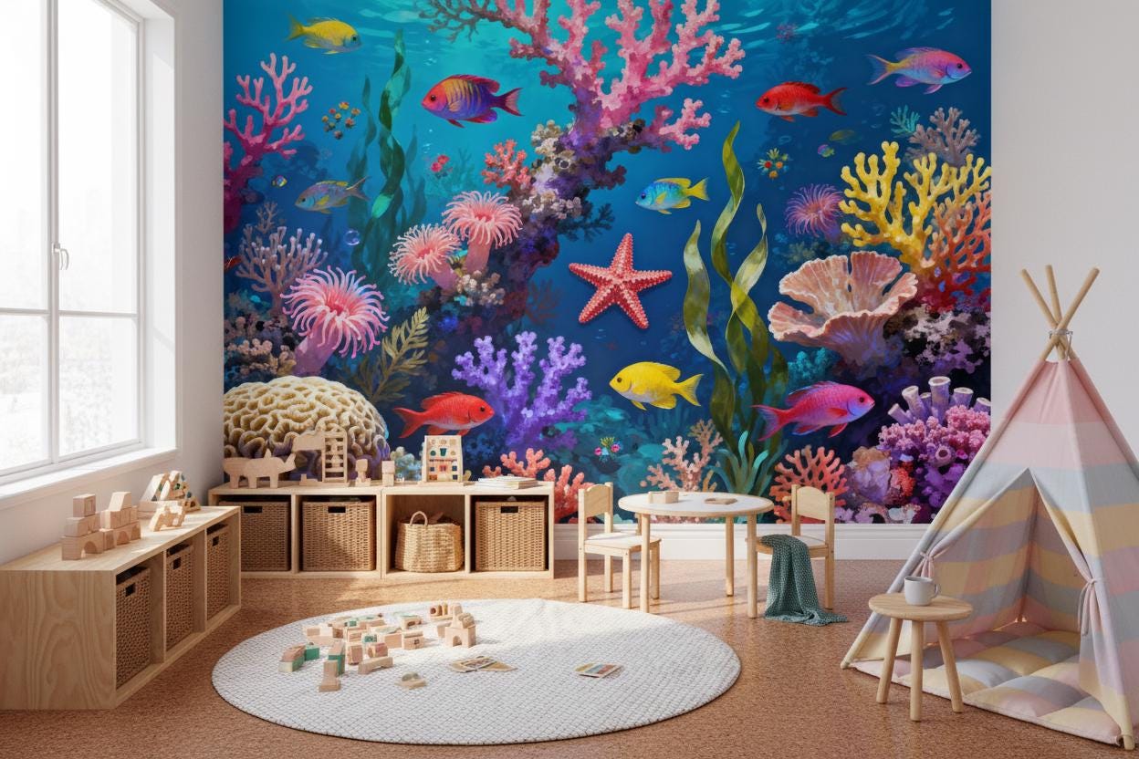 Vibrant Underwater Coral Reef Tropical Wallpaper – alternate view, Golden Era Walls