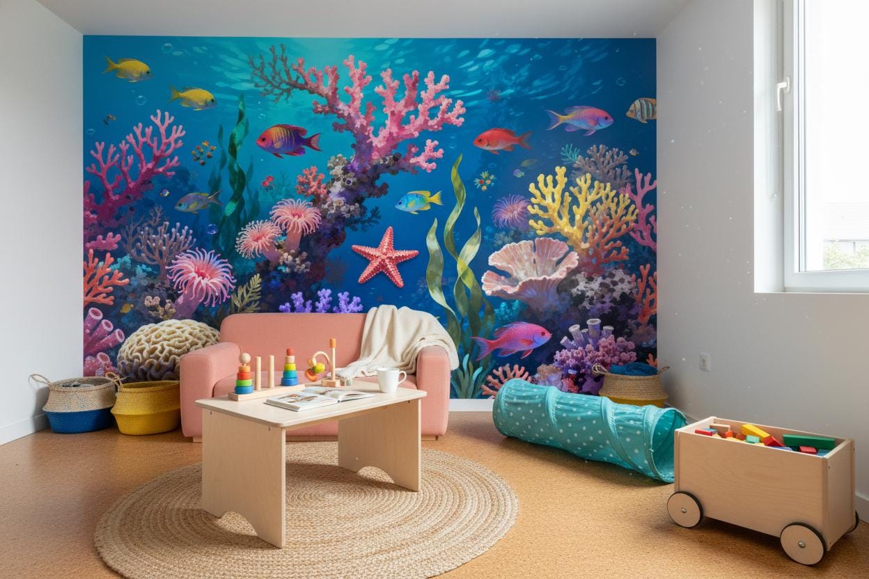 Vibrant Underwater Coral Reef Tropical Wallpaper – scale reference, Golden Era Walls